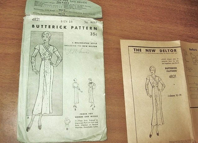 Vintage 1930s Epaulet Dress Women's Crossed Bodice Frock Cuffed or Puff Sleeves Tie Collar Butterick Delineator Sewing Pattern 4821 Bust 34