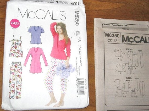 Plus Size Loungewear Separates Pajamas Cami Top Nightshirt Pants Women's McCall's Easy Sewing Pattern 6250 Bust 40 42 44 46 Factory Folds