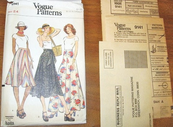 Vintage 1970s Maxi Midi Length Skirts Flared Semi Circle Wrap Styles Women's Vintage 1970s Vogue Vewing Pattern 9141 Waist 24 Factory Folds