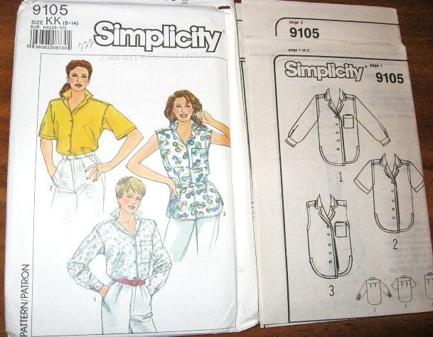 Button Front Shirt Long Short Sleeves Sleeveless Women's Vintage 1980s Simplicity Sewing Pattern 9105 Bust 31.5 32.5 34 36 Factory Folds