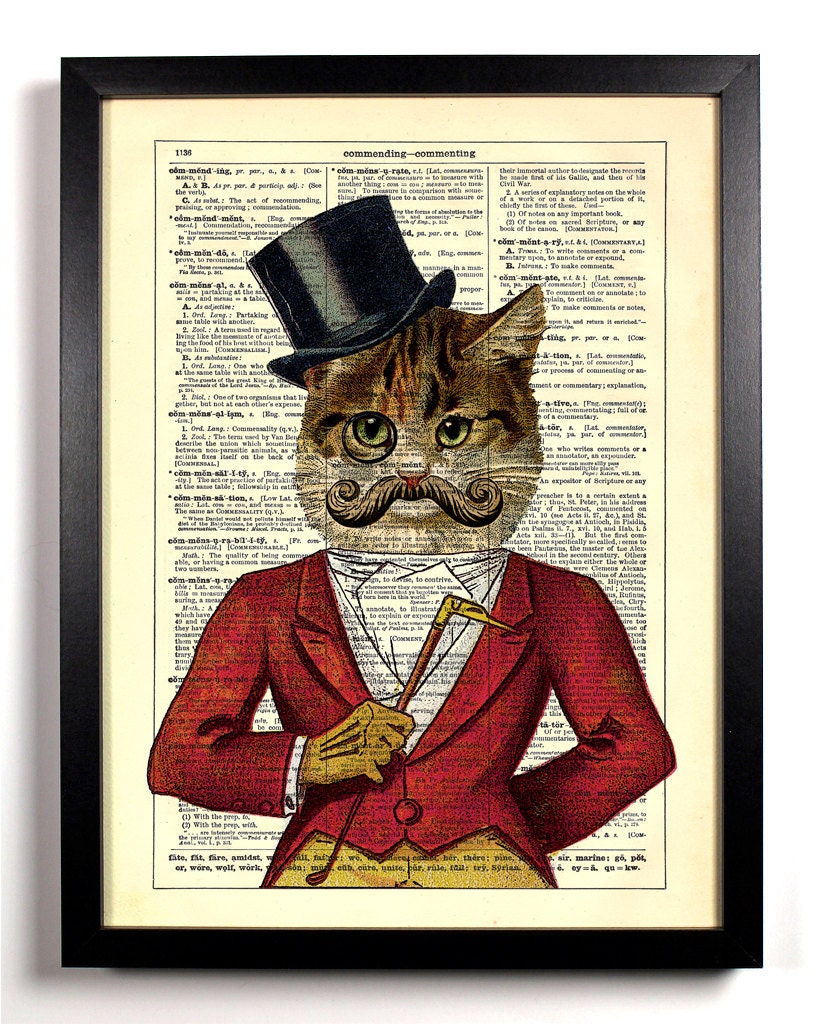 Casanova Cat With Monocle and Top Hat and Mustache Upcycled Dictionary Vintage Book Art Print Buy 2 Get 1 FREE