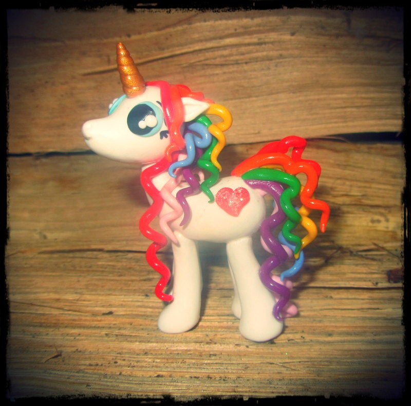 Rainbow Unicorn with Gold Horn and Red Glitter Heart in Polymer Clay, Cake Topper, Ornament, Figure (small) Figurine