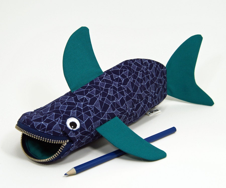 Shark Case by MinneBites / Shark Pencil Case - Emerald Cobalt Navy - Desk Accessory Organize - Office Gift - Gift for Him