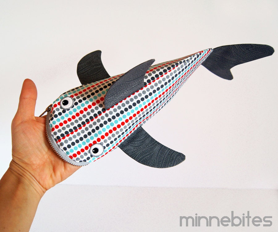 Modern Dots Shark by Minnebites / Shark Pencil Case - Shark Bag - Office Organizer - Handmade Fish Zipper Pouch - Gift for Guys
