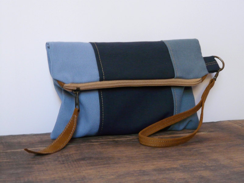 Fold over clutch Canvas color block clutch purse bag wallet blue stripes handbag wristlet