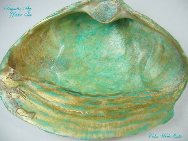 Seashell Home Decor Turquoise Gold Ocean Art NJ Beach Waves Shabby Cottage chic decorative