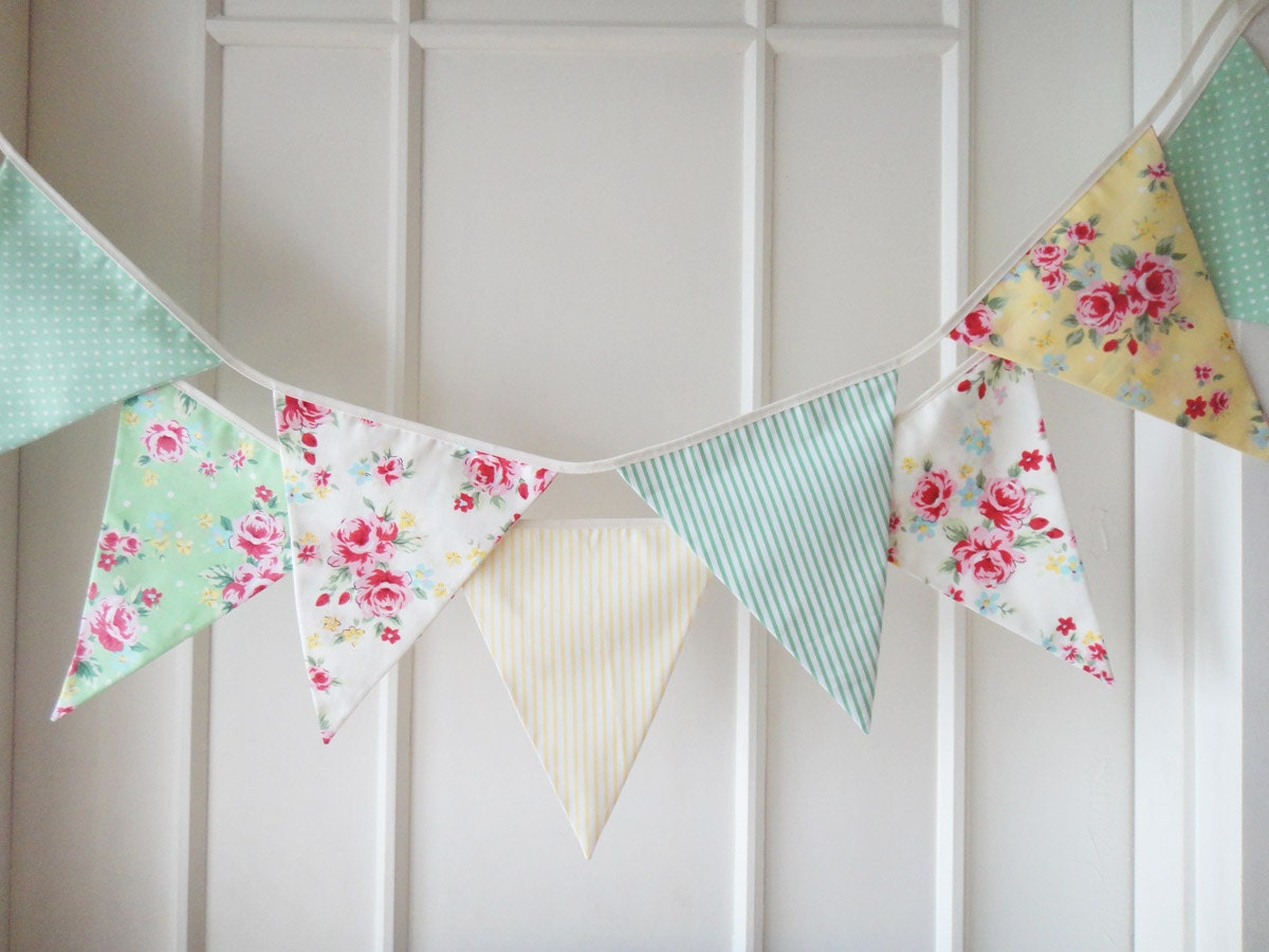 Spring Time Bunting, Fabric Banners, Wedding Bunting, Floral, Roses, Polka Dots, Pastel Yellow and Green Shade - 3 yards