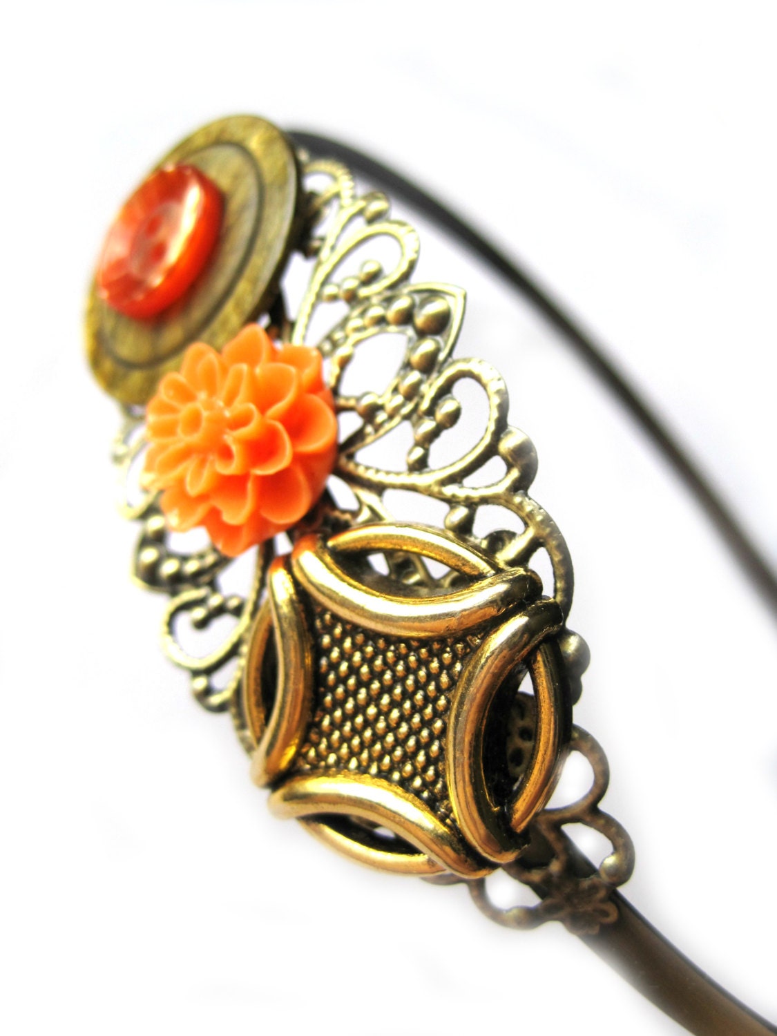 Orange headband - filigree headband - vintage buttons, orange, gold, orange flower, chrysanthemum - metal headband