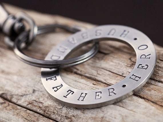 Mens Key Chain - Hand Stamped Stainless Steel Key Ring - Husband.Father. Hero