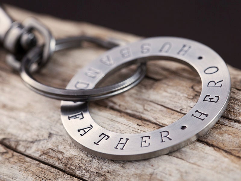 Mens Key Chain - Hand Stamped Stainless Steel Key Ring - Husband.Father. Hero