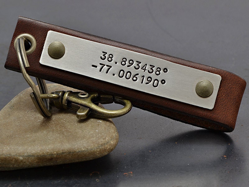 Latitude Longitude For Him - Mens GPS Key Chain - Leather & Stainless Steel Key Chain