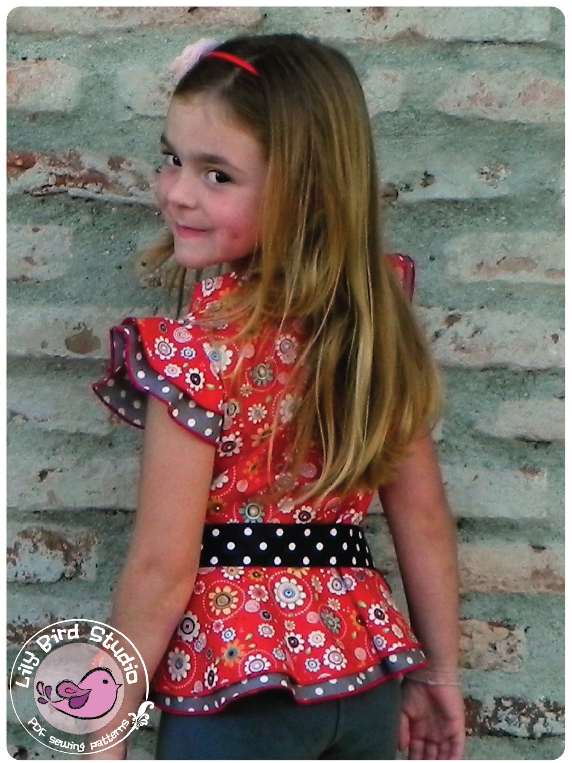 Lily Bird Studio PDF sewing pattern Amy's peplum top / blouse -  12 mths to 10 yrs - overskirt, mandarin style collar, ruffle sleeves