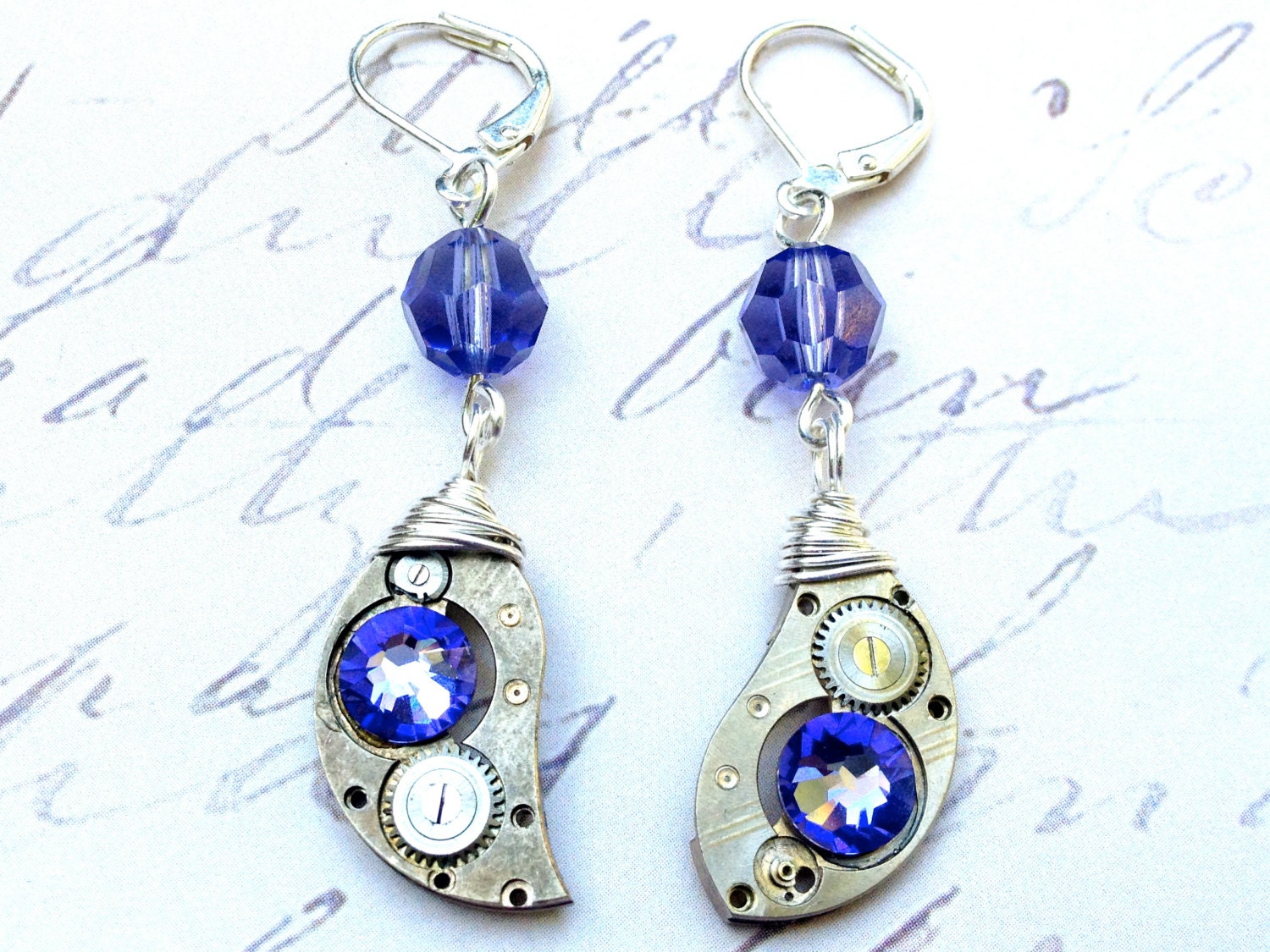 Time Warp Tanzanite Crystal Unique Watch Movement Bridge Earrings
