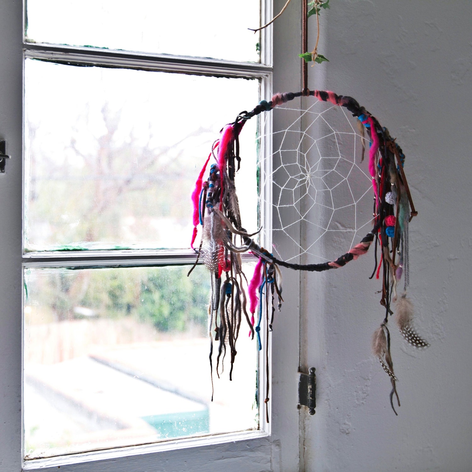 Eco-friendly Native American inspired 9" dreamcatcher wall hanging,tribal,neon,funky,bulky hand spun yarn