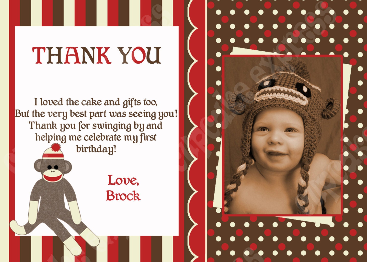 DIY Sock Monkey photo Birthday Printable Party Thank You Card red brown monkey Il_170x135
