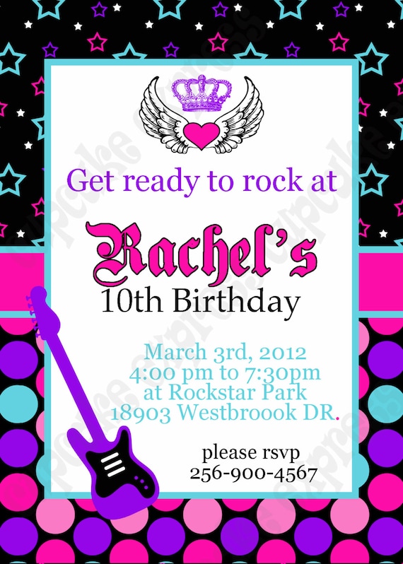 DIY Rockstar Girl Birthday PRINTABLE Invitation 1 Party pink black purple teal guitar rock star Il_570xn