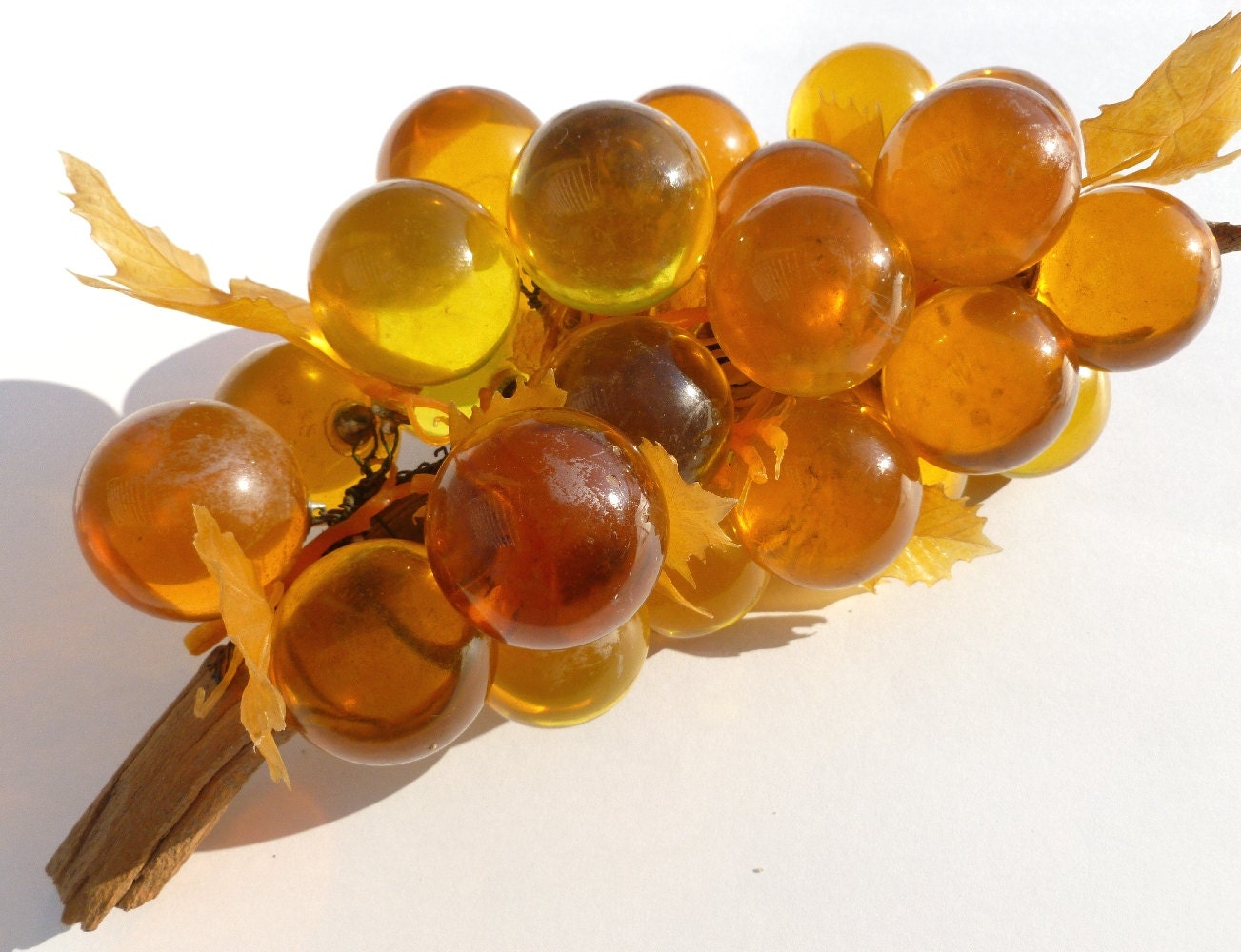Amber Lucite Grapes on Driftwood Mid Century Modern Retro Kitschy Decor Large Cluster