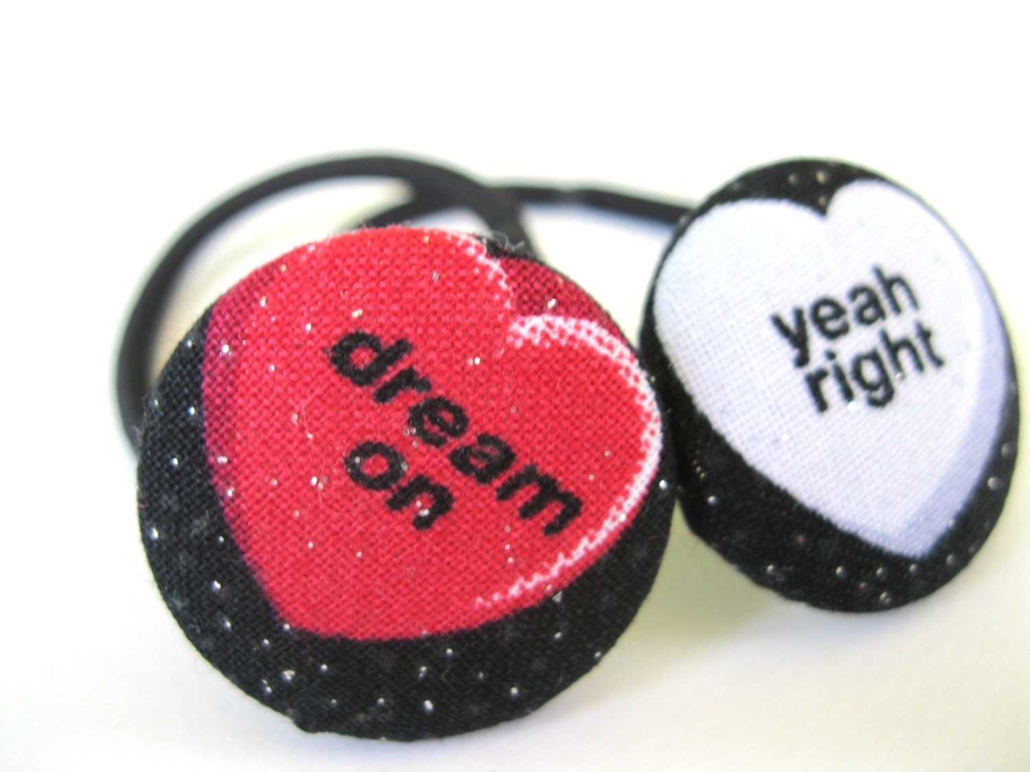 Anti-Valentine Ponytail holders : Set of Two Covered Button Pony Elastics - Hot Pink and White Hearts Funny