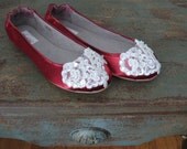 Size 8.5 Lace wedding shoes ballet flats embellished with white lace crystals and pearls Ready to Ship