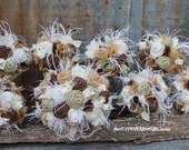 Sage Green Burlap and Lace Wedding Bouquets  and Boutonnieres with Feathers for Rustic, Vintage, Farm Wedding