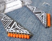 leather geometric earrings - eco friendly leather, bright orange tribal geometric bohemian jewelry, handmade
