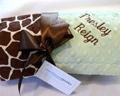 Monogrammed Minky Baby Blanket - Light Green and Brown Giraffe - Personalized Neutral