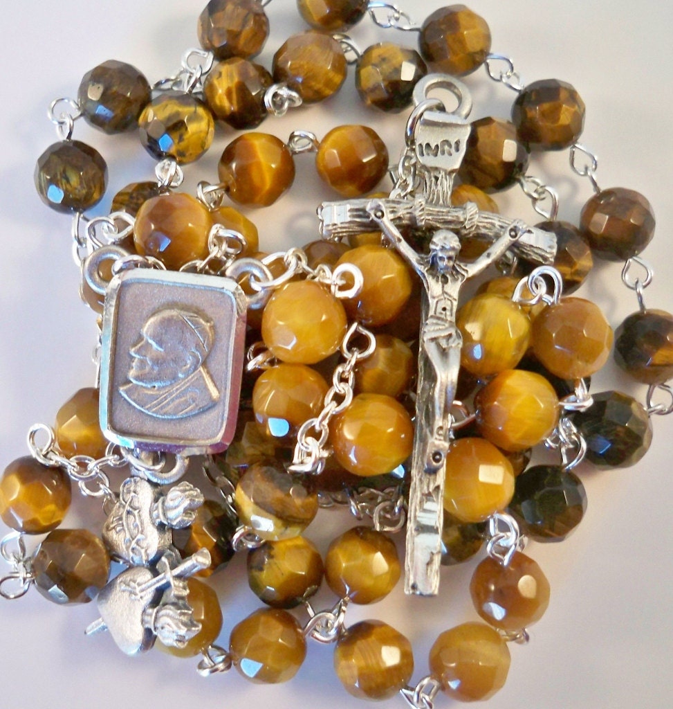 Handmade Catholic Rosary, Pope John Paul II, Beautiful Faceted Tiger Eye Gemstone Beads