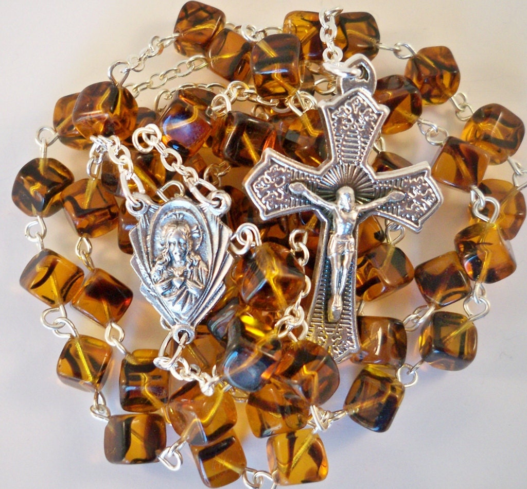 Handmade Catholic Rosary, Czech Glass Tortoiseshell Dice Beads, Scapular Center