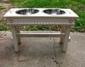 Raised Wooden Pet Feeder For Large Dogs - Antique White Distressed Shabby Chic Made to Order
