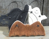 Halloween Decorations Set of 3 Salt Dough Ghost, Cat and Bat Ornaments