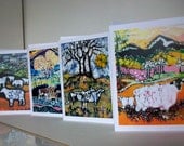 Farm Animals cards  -   Sheep, Cows, landscapes, pasture -  4 blank art cards