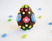 Easter Egg Pin Birds and Flowers, Fun chocolate jewelry with blue birds