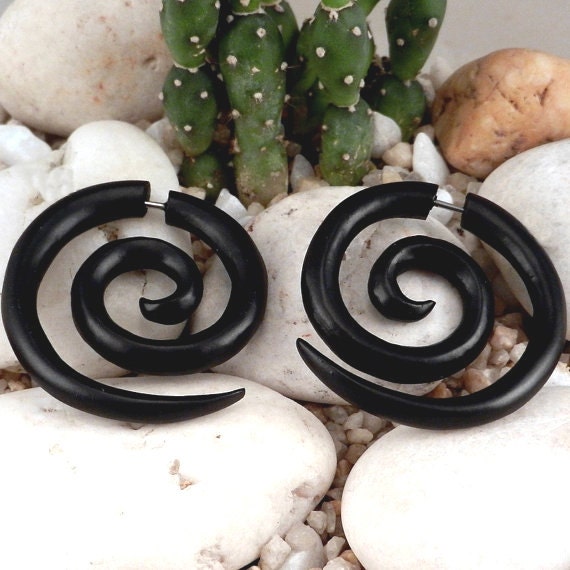 Fake Gauge Earrings -- 1-Pair Organic Wooden Double Spiral Curls - Large Hoop Earrings - (By Fake Gauge Organics)