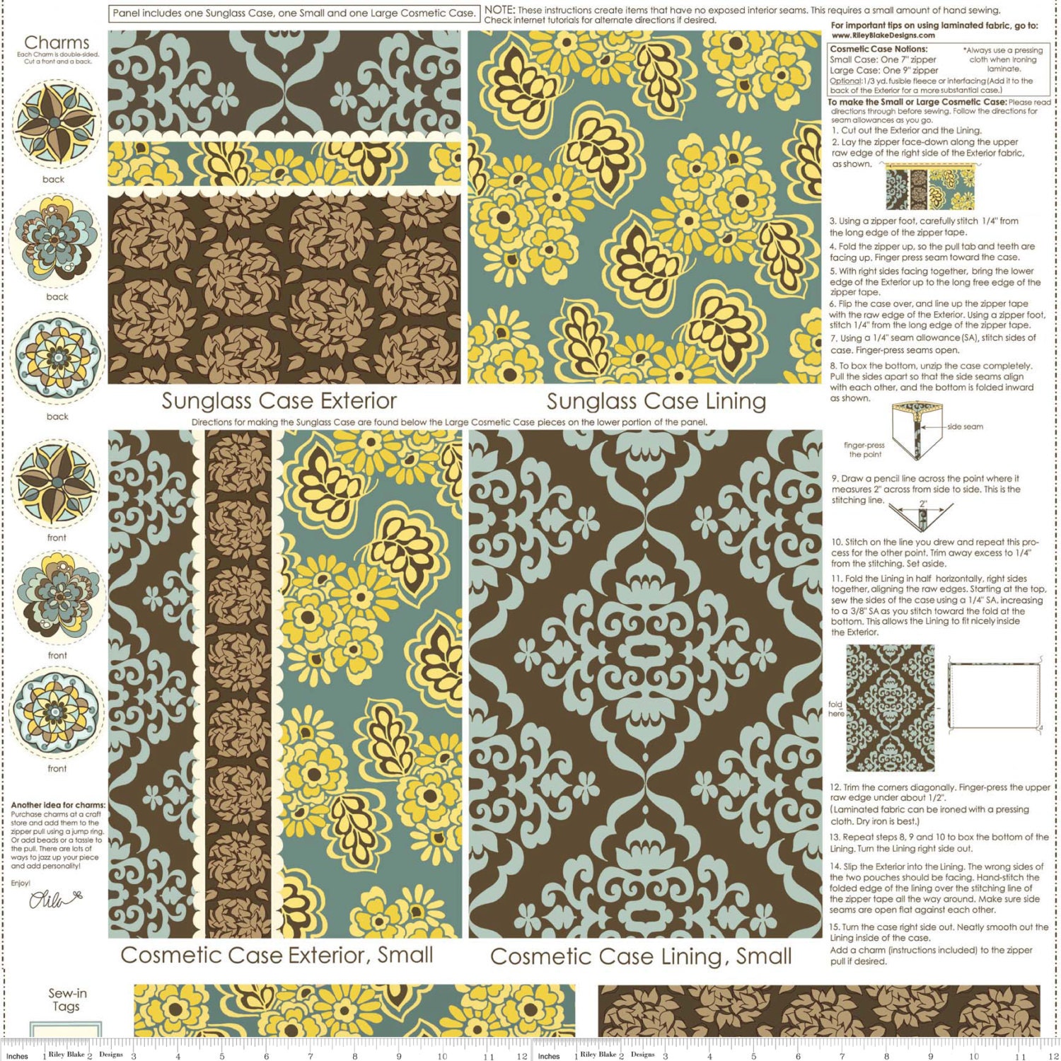 Fiona's Fancy Fabric by Lila Tueller Designs for Riley Blake, 1 Blue Panel 24"x44"- Pattern & Fabric for Sunglasses Case and Cosmet
