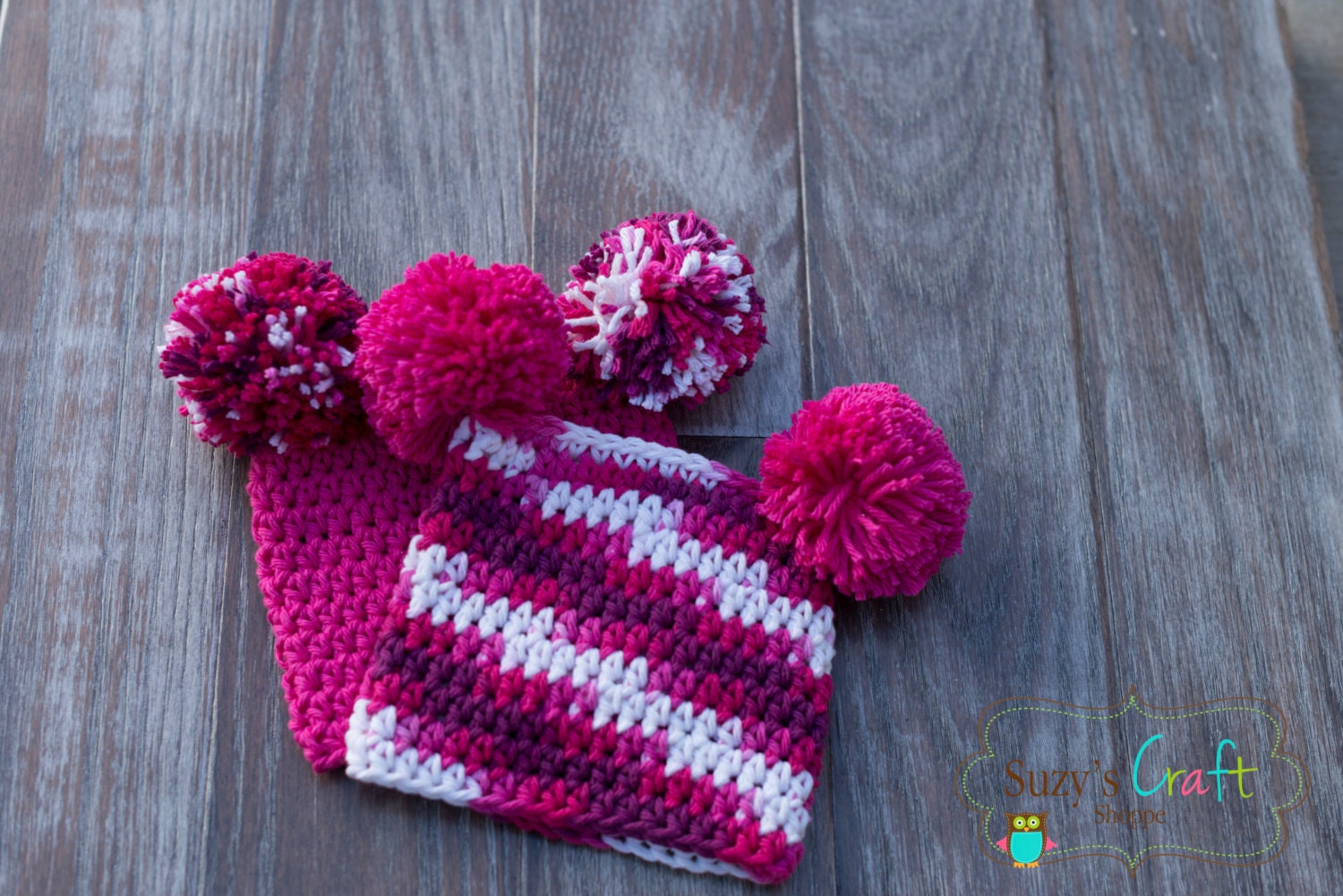Girl's Valentine Crochet Pink Pom Pom Beanies  - Ready to Ship newborn size