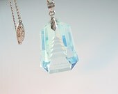 Luminous Japanese Pagoda Pendant Necklace Reverse Carved Glass Opalescent Blue 1950s Silver Clasp