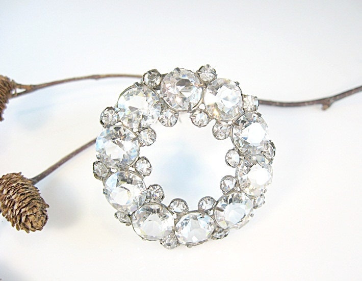 Crystal Art Deco Clip Fiery Czech Paste Wreath Vintage Sterling Silver Dress Clip 1930s Jewelry