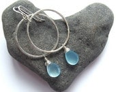 Silver Hammered Hoops, Chalcedony, Sterling Silver Wire Wrapped, Gemstone Earrings, Gift for Her
