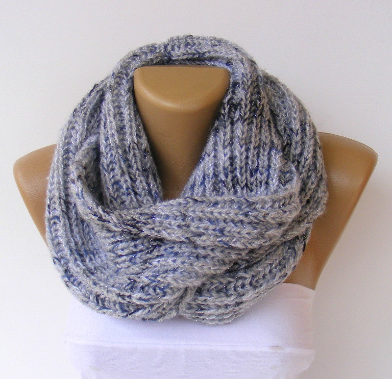 knitted infinity scarf  , women fashion scarves, Block Scarf , Neck Warmer, multicolor, blue and gray sim metallic yarn, knitting Infinity