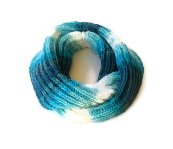 blue and white knitted woman scarf, infinity scarves , loop circle soft scarf