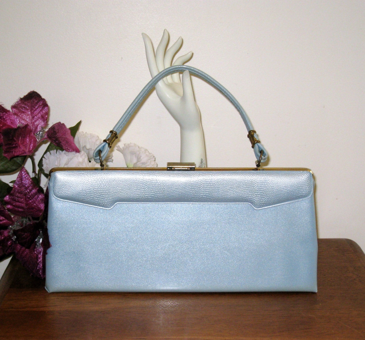 1940s / 50s Pastel Metallic Blue Plastic Purse / Handbag / Very Nice Condition / 12 5/8" X 5.75" X 2.5"