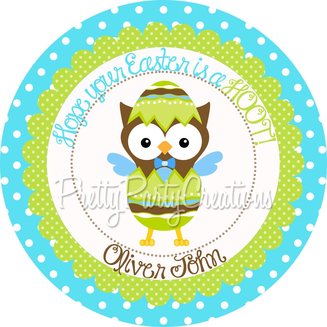 EASTER OWL in egg favor tags - YOU print - 3 or 2 inch - round or square - Boy