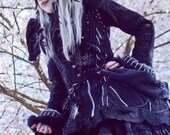 CUSTOM JACKET Corset back, Snap front with Zipper Under, Corset Removable Sleeve w/ Ruffles, Fur Hood,Collar, 4 pockets, 1 large hood pocket