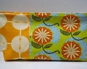 Cosmetic Bag Zippered Pouch Clutch in Anna Maria Horner Field Study Cell Structure Algae and Coordinate Saffron Laminated Cotton