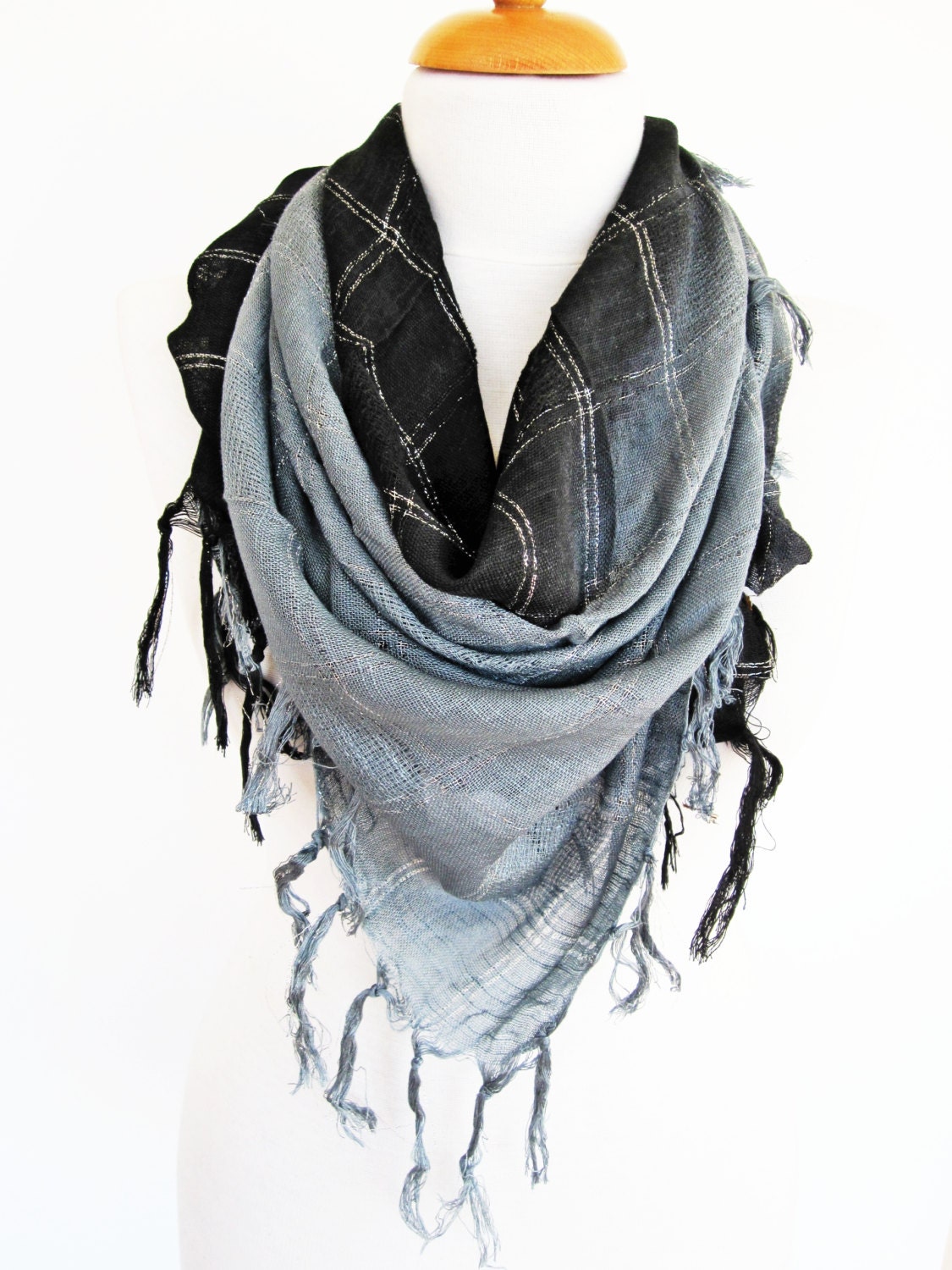 Two Colors Elegant Cotton Fringed Scarf, Winter Trends, Gift, Headband, Bandana, Black / Gray