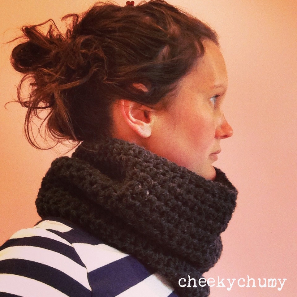 Charcoal chunk knit crochet cowl, snood.