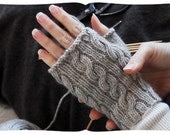 fingerless gloves movie tutorial kit, learn to knit cabled handwarmers. heather grey, more colours. medium length. old school.