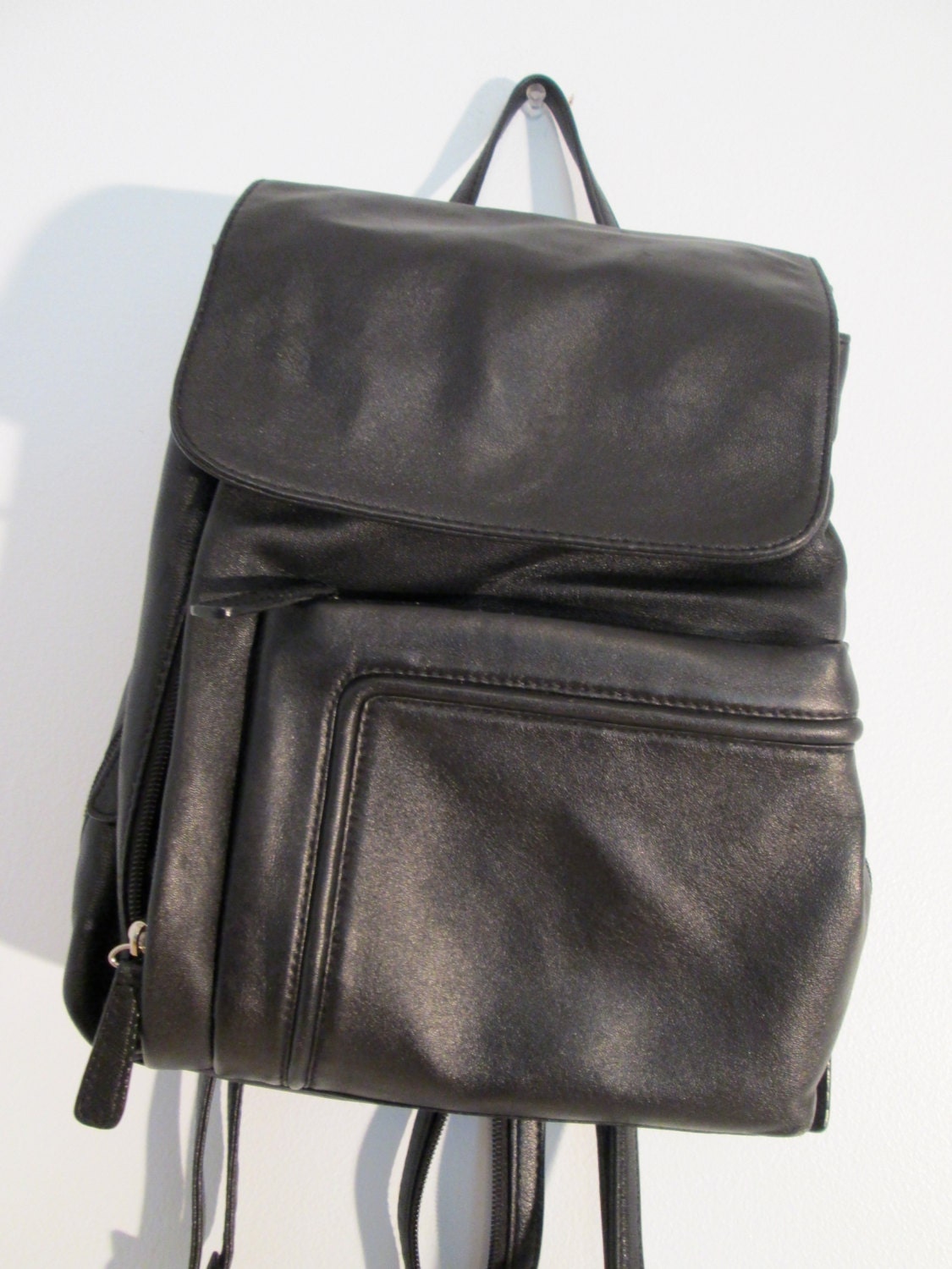 Amazing Vintage Black Leather BackPack 90s Grunge Club Kid Wilsons Incredible Stash Pockets Boho Hippie Gypsy Goth Hipster Festival Tote Bag