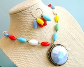 Retro Necklace, Periwinkle Blue Necklace, Red, Yellow, Green, Vintage Necklace, Summer Jewelry, Retro Jewelry, Vintage Jewelry, Mothers Day