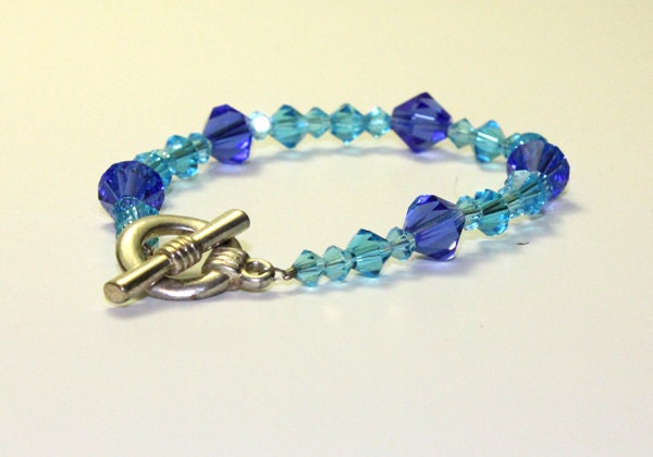 Teal Blue and Sky Blue Crystal Bicone Bracelet with Silver Toggle Clasp three different size of beads wrist jewelry